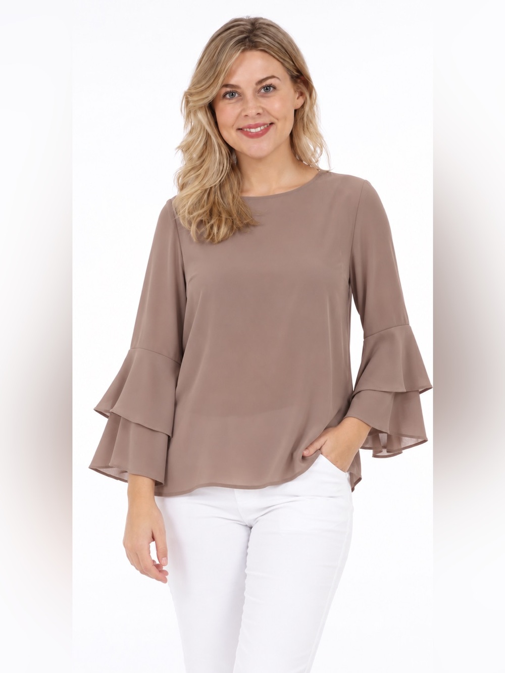 DKR Apparel Chiffon Blouse with Double Ruffle Sleeve-Taupe